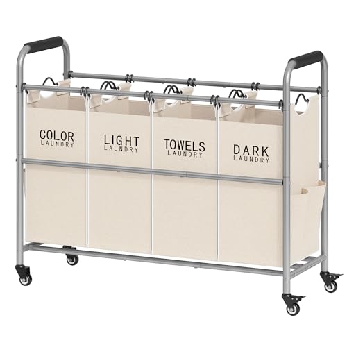 Tajsoon 4 Bag Laundry Sorter Cart, 4 Section Laundry Hamper Sorter with Heavy Duty Lockable Rolling Wheels, Laundry Separator Hamper with Removable Bags for Dirty Clothes Storage, Beige by Tajsoon - Used condition - US$36.63