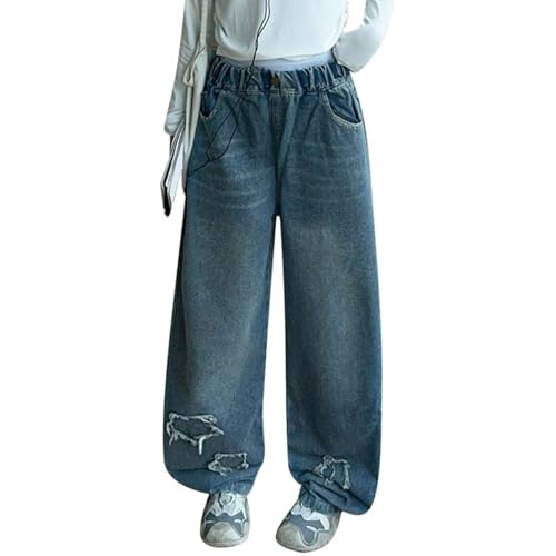Kids Girls Jeans Wide Leg Baggy Button Denim Pants Elastic High Waist Trousers Breathable Trendy Streetwear with Pockets