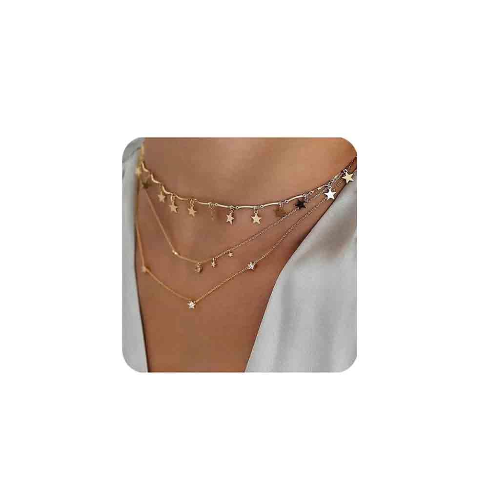 Bohemia Moon and Stars Necklace for Women Gold Laying Choker Necklace for Weeding Dating Prom Festival Delicate stars Moon Crescent Jewellery Gift for Women and Girls