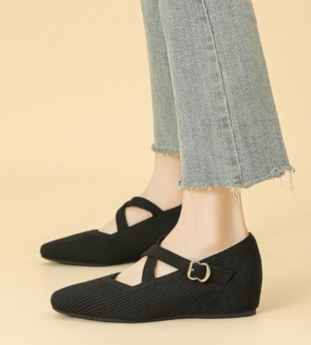 Knit Flats for Women with Hidden Wedge Heel Casual Square Toe Mary Jane Ballet Flats Shoes Comfortable Dress Shoe 20252