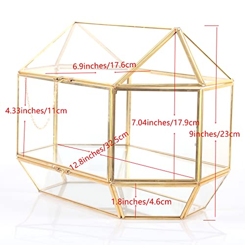 Ncyp 12.8 X 6.9 X 9Inches Gold Geometric Glass Wedding Card Box, Large Handmade Double-Sided Opening Box With Swing Lid For Display Keepsake Reception Envelope, Glass Box Only #TOP3