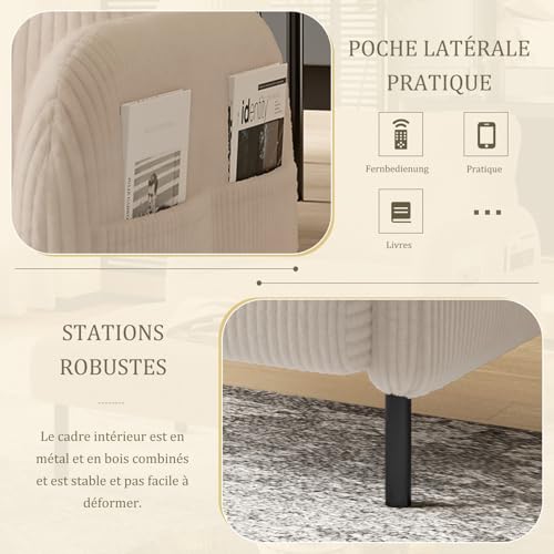Fauteuil 1 Place Velours Côtelé Beige, Poche KOMHTOM