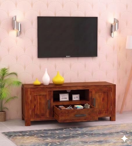 Image of Sheesham Rosewood, 1 Drawer Solid Wood TV Entertainment Unit | Wooen TV Cabinet Living Room & Office (Finish Color - Honey Oak Finish)