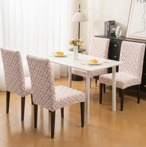 Image of HOMETHREADS Stretchable Elastic Jacquard Chair Seat Cover | Removable, Washable & Durable Chair Protector | Ideal for Dining Room, Kitchen, Restaurant & Party Chairs (F Pink, Pack of 6)