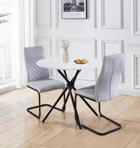 Mesa redonda de 90 cm con efecto mármol blanco y 2 sillas grises para comedor de piso pequeño 2
