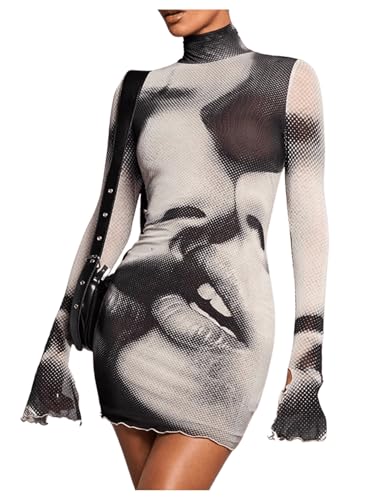 SOLY HUX Women's Graphic Print Bodycon Mini Dress Turtleneck Long Sleeve Pencil Dresses