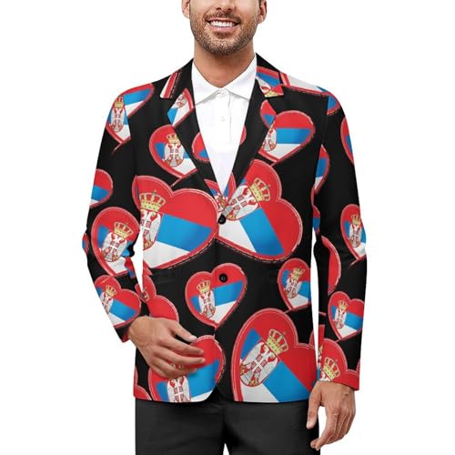 Serbia Flag Heart Men's Slim Suit Long-Sleeve Prom Tuxedo Classic Two Button Business Jacket