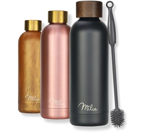 Milu Termo Botella de Agua 500ml - Acero Inoxidable Mantiene 24H Frio / 12H Calor - Aislamiento de Vacío de Doble Pared - Libre BPA - incl. cepillo de limpieza (Negro, 500ml)