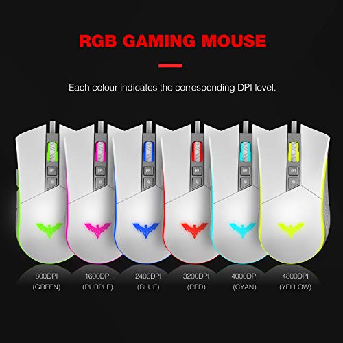 Havit Mechanical Keyboard and Mouse Combo RGB Gaming 104 Keys Blue Switches Wired USB Keyboards with Detachable Wrist Rest, Programmable Gaming Mouse for PC Gamer Computer Desktop (White)