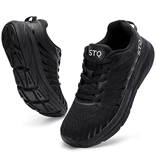 STQ Walking Shoes Women Tennis Platform Sneakers with Arch Support Cushioned Memory Foam Non-Slip Work Shoes Comfortable for Gym Workout Jogging All Black 9