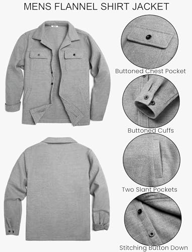 COOFANDY Flannel Jacket For Mens Fleece Plaid Shirt Solid Flannel Cropped Shacket Western Shirt Jackets Grey4