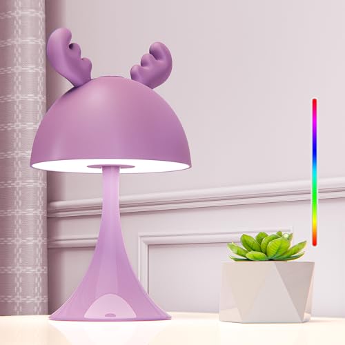 FemKey LED Nachttischlampe Touch Kinder, Nachtlicht Kinder 7 modi RGB Farbwechsel & Warmes Licht, Tischlampe Aufladbar Dimmbar Typ-C, Nachtlampe Kinderzimmer Lila Rentier für Mädchen