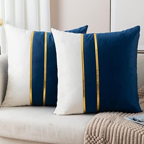 ZLINA Set of 2 Velvet Decorative Throw Pillow Covers Navy Blue Wh...