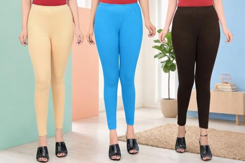 Image of Women Ankle Length Leggings Combo Multicolour Stretchable Cotton Yoga Gym Workout Pants Lyra Jeggings Casual Slim Fit