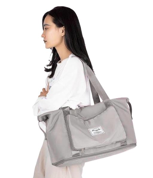 Expandable Foldable Travel Duffle Bag with Dry Wet Pocket Waterproof Lightweight Carry On Luggage Bag Grey Free Size-image-48