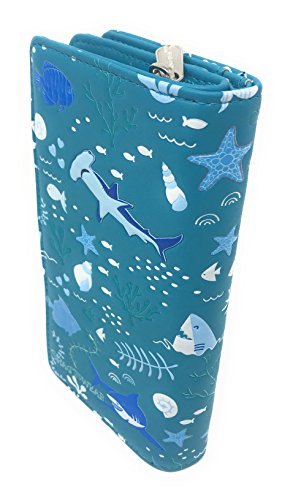 Shag Wear Shark Pattern Large Wallet for Women and Teen Girls Vegan Faux Leather Teal 7"2