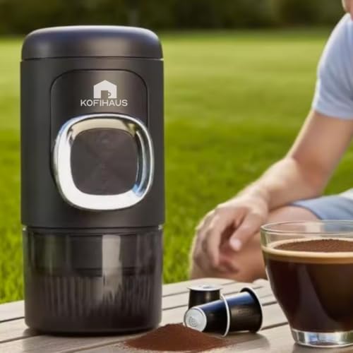 Image of KOFIHAUS Portable Coffee Maker - Compatible with Coffee Capsules & Ground Coffee - Compact Manual Espresso Brewer for Travel, Office & Outdoor Use