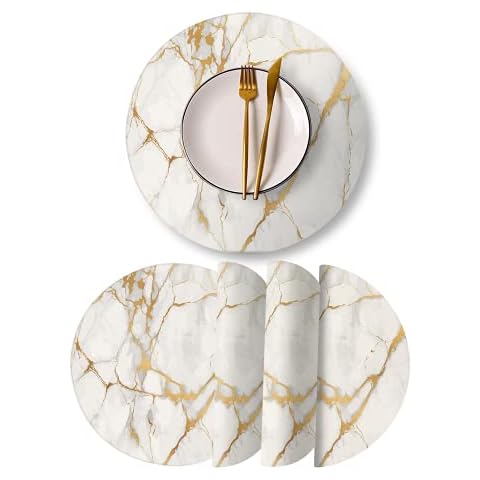 Round Leather Placemats Set of 4 PU Waterproof Non-Slip Washable Heat Resistant Place Mat for Kitchen Dining Table - Marble Gold Line Cover