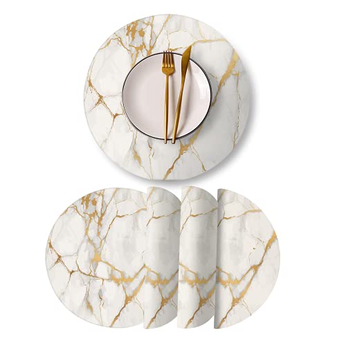 Round Leather Placemats Set Of 4 Pu Waterproof Non-Slip Washable Heat Resistant Place Mat For Kitchen Dining Table - Marble Gold Line #TOP20