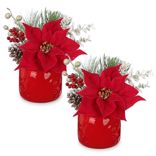 Artificial Christmas Floral Arrangement with Velvet Poinsettia Pinecones Berries Greenery