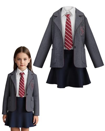 Koongso Girls Book Character Costume School Uniform Outfits - Grey Jacket White Shirt Black Skirt & Necktie Roald Dahl World Book Day Costumes for Kids