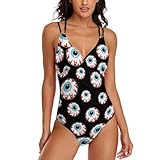 Eyeball Pattern Women One Piece Swimsuits Tummy Control Bathing Suits V Neck Monokini for Party Beach M
