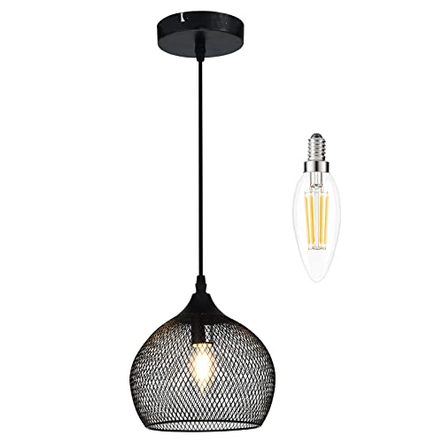 RWNTAOZM Hanging Cage Pendant Light - Φ18CM (7.1in), E14 40W, Noir Métal Mesh Suspension Luminaire en maille métallique plafonnier pour Restaurant Salon Chambre Cuisine Bar