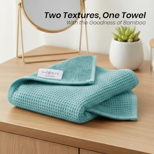 Image of Mush Bamboo Dual Texture Waffle Terry Hand Towel Set of 3 | Ultra Soft, Highly Absorbent, Quick Dry | Hand Towels for Bathroom, Gym & Travel (40x60 cm, 450 GSM) Charcoal, Blue & Grey