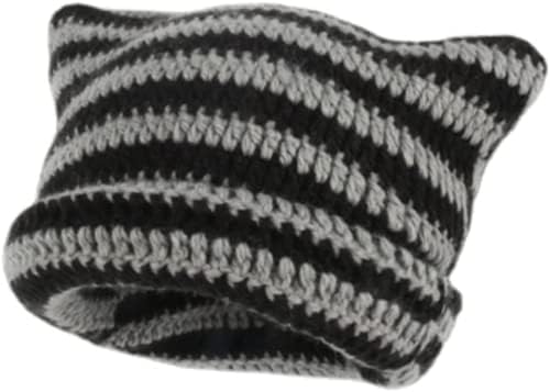 Ponitrack Crochet Hats for Women Cat Beanie Vintage Beanies Women Grunge Accessories Slouchy Beanies for Women (Black,One Size)