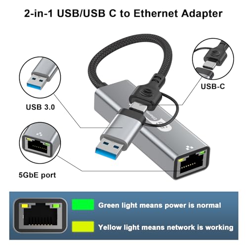Kassdin USB C to Ethernet Adapter 5Gbps, 2-in-1 USB to 5Gbps Ethernet Cable, 5000Mbps Type C to RJ45 Network LAN Internet Converter, Aluminum Case Compatible for iPhone 16 15 Pro Max, MacBook Pro/Air by Kassdin - Image 2