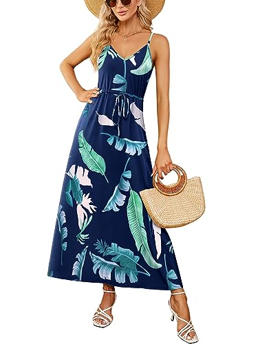 Image of HUSKARY Womens Summer Sleeveless V Neck Spaghetti Strap Pockets Beach Boho Vacation Casual Spring Maxi Dress