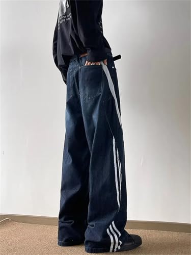 Men Striped Patchwork Dark Blue Baggy Jeans Pants Clothes Straight Hip Hop Cowboy Trousers3