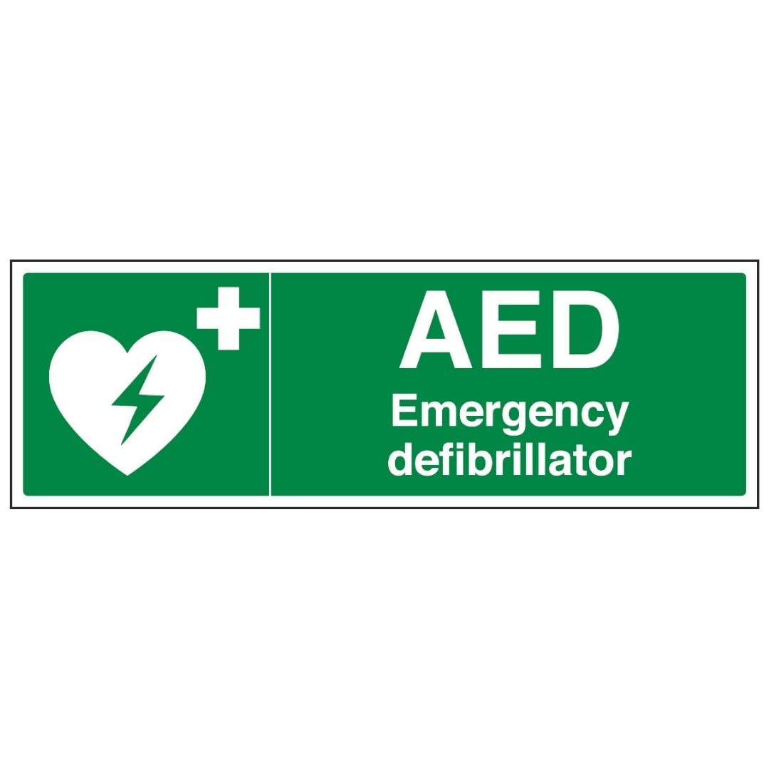 V Safety AED Emergency Defibrillator - Landscape 450 x 150 mm - 2mm Rigid Plastic Safety Sign