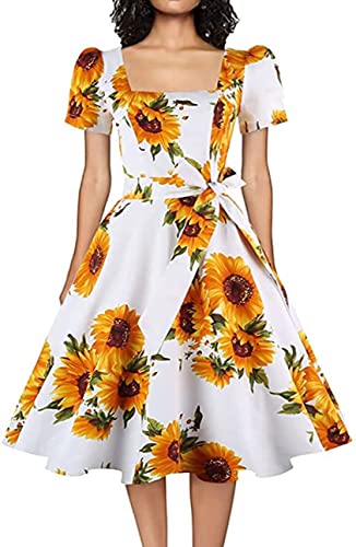 OBBUE Women's Square Neck Dress Vintage 1950s Cocktail Party Dress with Puff Sleeves