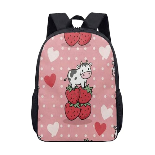Bonita mochila con estampado de fresa de vaca de 17 pulgadas, diseño de caricatura kawaii, cartón de leche, corazón, dibujada a mano, para niños y niñas, 05., L, Minimalista