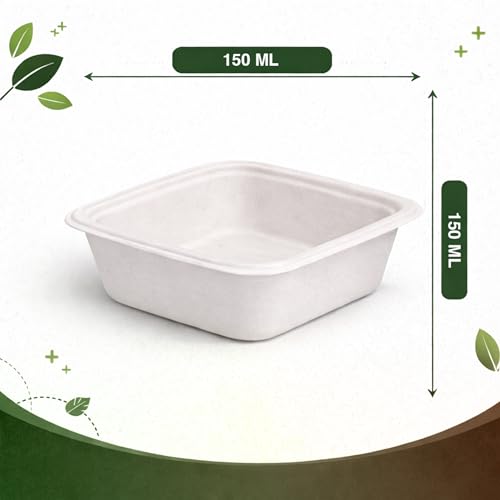 Image of Eco Disposable Square Dona Bagasse Bowls - Biodegradable Disposable Bowls - Eco-Friendly Dip, Sauce & Chutney Disposable Cups - Leak-Resistant Small Serving Bowls (Pack of 50)