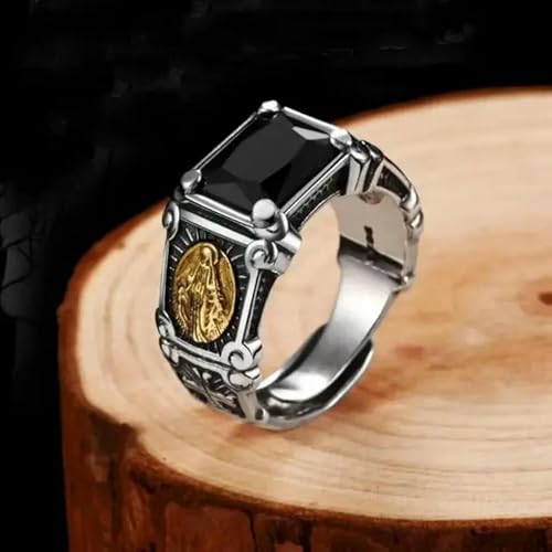 XJruixi Vintage plaqué Argent Noir Zircon Vierge Marie Bague Hommes Femmes Christian Croix prière Bijoux