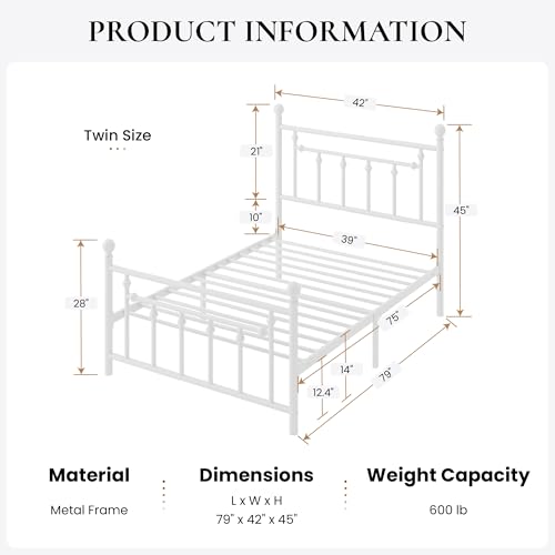 Image of SHA CERLIN 14 inch Twin Size Metal Platform Bed Frame /Victorian Headboard and Footboard /Steel Slats Mattress Foundation for Storage /No Box Spring Needed /Noise Free /White