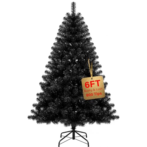 6ft Black Christmas Tree, Premium Artificial Xmas Tree with 800 Branch Tips, Bushy Realistic Spruce Pine Tree with Metal Stand, Easy to Assemble for Indoor & Outdoor Christmas Decoration