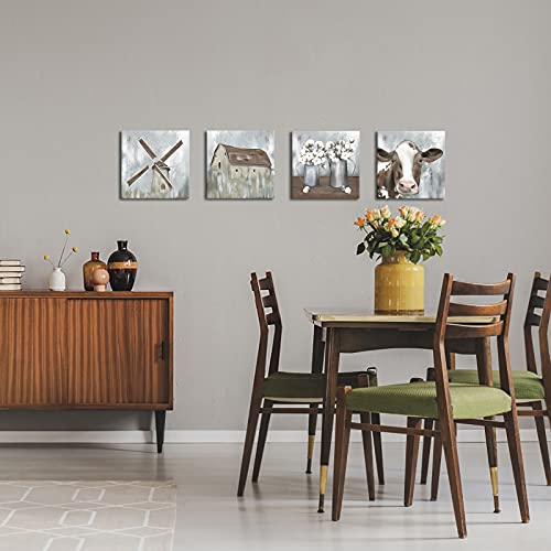 Ouelegent 4 Piece Farmhouse Canvas Wall Art Rustic Cow Dutch Windmill Cotton Flower Picture Artwork Modern Countryside Printed Painting For Living Room Kitchen Decor Framed Ready To Hang 12X12 Inch #TOP2