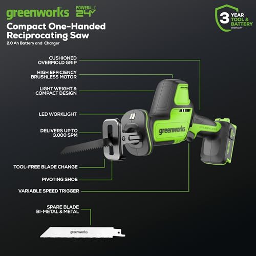 Image of Greenworks 24V Brushless Cordless Reciprocating Saw,1 inch Compact One-Handed Recip Saw(3,000 SPM),Variable Speed, 2.0Ah Battery and Compact Charger Included,‎ RSG404