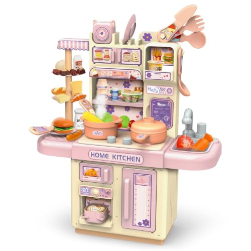 Image of Kids Kitchen Set with Pretend Play Accessories, Water Spray Cooking Effect, Toy Oven, Sink, Storage Shelves & Kitchen Utensils, Role Play Cooking Toy for Boys & Girls (Small Kitchen Set)
