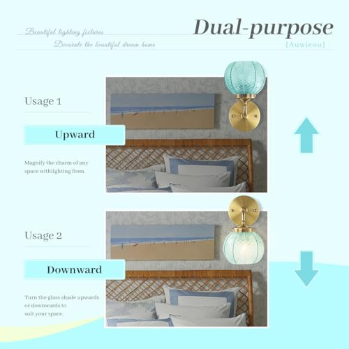 Image of Vintage Wall Sconce Gold Bathroom Vanity Light Hand Blown 1-Light Globe wall Sconce Indoor Wall Light with Blue Glass Shade Mid Century Modern Wall Lighting for Bedroom Hallway Living Room