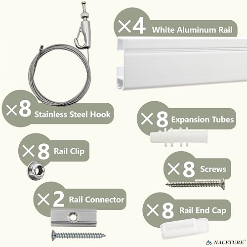 Image of NACETURE 19.69 Ft Picture Hanging System, 4 x 60 Inch Wall Rails | Includes adjustable wires and hooks for frames, photos and wall decor.