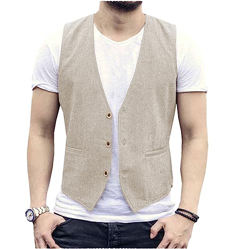 AeoTeokey Herren Sommer Leinenweste Anzug Weste Casual Weste Regular Fit(Beige,XXL)