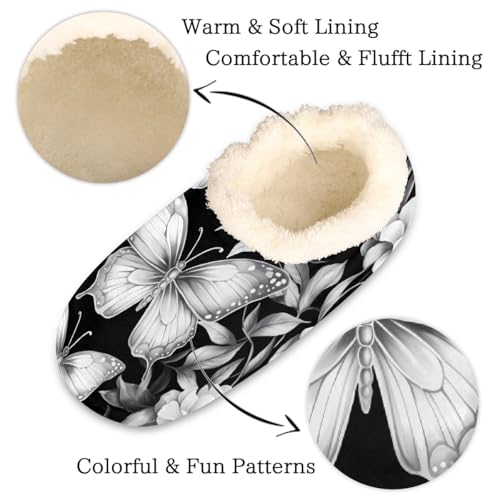 White Black Butterfly Flowers Slippers for Women Slipper Socks Soft Fuzzy House Slippers Shoes for Indoor Bedroom, Winter Cozy Christmas Gifts2