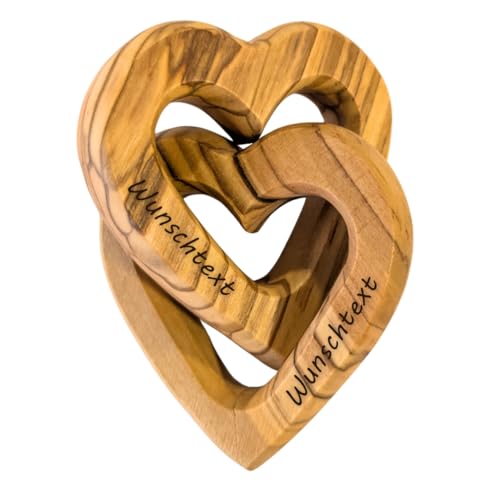 Kassis Geschenkartikel Personalisierte Olivenholz-Herzen für Brautpaar, zum Valentinstag, Jubiläum, Hochzeitstag, Geburtstag - verbundene Holz-Herzen - Hochzeitsgeschenk - (5 cm)