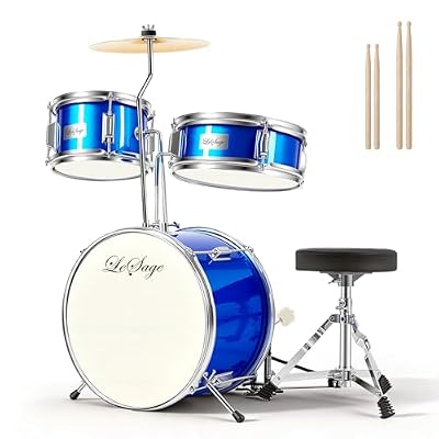 LeSage Kids Drum Set, 14 inch 3-Piece Drum Set for Beginners Junior Drums Set with Adjustable Throne, Two Pairs of Drumsticks, Cymbal, Pedal,Tom Snare Bass, Starter Drum Kit for Children, Blue