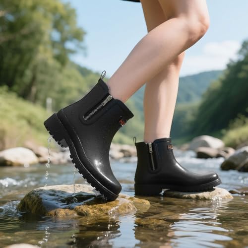 HISEA Short Rain Boots for Women with Zipper Waterproof Chelsea Boots Rubber Garden Shoes for Ladies Fashion4