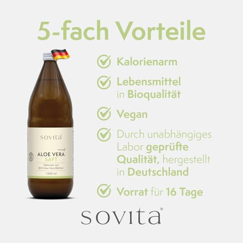 sovita Aloe Vera Saft BIO naturtrüb | 99,8 % Aloe Vera aus dem Blattgel der Aloe barbadensis | Ohne Konservierungsstoffe & künstliche Zusätze | Vegan & naturbelassen | 1 Liter Glasflasche